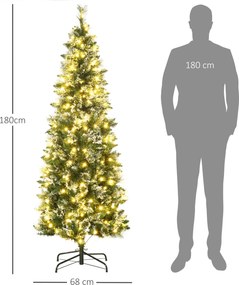 Brad de Craciun 180cm Artificial cu 240 Lumini LED si 618 Ramuri, Brad Acoperit cu Zapada Inalt si Ingust cu Postament din Otel HOMCOM | Aosom RO