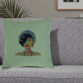 Perna Decorativa Portret Femeie Etnic Colorat, 40x40 cm, Verde, Husa Detasabila, Perna Inclusa, BEKZ®