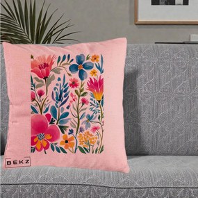 Perna Decorativa Gradina Florala Acuarela Colorata, 40x40 cm, Roz, Husa Detasabila, Perna Inclusa, BEKZ®