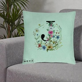Cadou Personalizat - Perna Personalizata Monogram Litera J cu Flori Acuarela, 40x40 cm, Verde Menta, Husa Detasabila, Perna Inclusa, BEKZ®