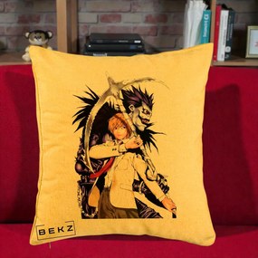 Perna Personalizata Death Note Light si Ryuk Duo, 40x40 cm, Galben, Husa Detasabila, Perna Inclusa, BEKZ®