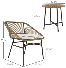 Outsunny Set Bistro din 3 Piese cu Măsuță de Cafea cu Blat de Sticlă și 2 Scaune, Φ45x46 cm, Natural | Aosom Romania