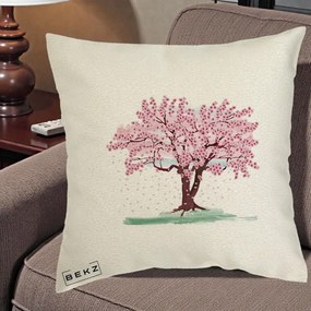 Perna Decorativa Cires Inflorit Acuarela, 40x40 cm, Ecru, Husa Detasabila, Perna Inclusa, BEKZ®