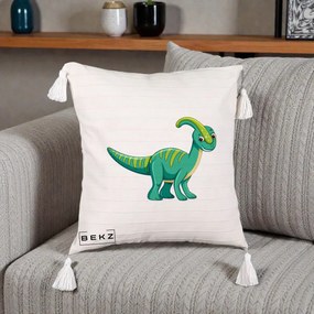 Perna Decorativa Parasaur Verde, 40x40 cm, Bej cu Franjuri, Husa Detasabila, Perna Inclusa, BEKZ®