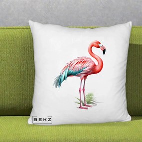 Perna Decorativa Flamingo Roz cu Pene Teal, 40x40 cm, Alb Pufos, Husa Detasabila, Perna Inclusa, BEKZ®