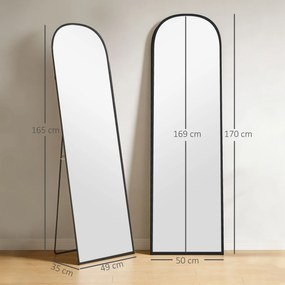 HOMCOM Oglindă de Podea și Perete Modernă din Aliaj de Aluminiu cu Suport Pliabil, 50x170 cm, Neagră | Aosom Romania