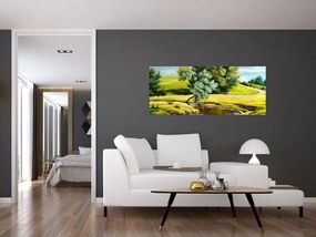Tablou - Râu între câmpii, pictură în ulei (120x50 cm)