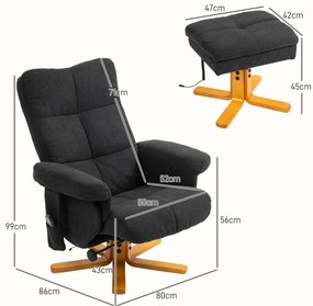 HOMCOM Fotoliu de Masaj cu Functie de Intindere si Taburet, Inclinare 145°, Poliester, 80 x 86 x 99 cm, Negru | Aosom Romania