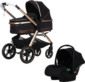 Carucior nou nascuti 3 in 1 NOVOKIDS™ X2000 series, Cu geanta bebe, Cadru Aluminiu Gold, Amortizoare, Roti din cauciuc plin AVE, Landou, Scoica auto,