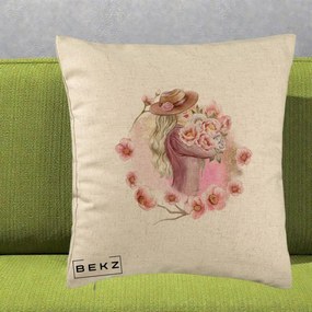 Perna Decorativa Femeie cu Flori Roz Acuarela, 40x40 cm, Bej, Husa Detasabila, Perna Inclusa, BEKZ®