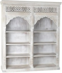 Bibliotecă sculptată din lemn masiv de mango, finisaj alb antichizat, 6 rafturi deschise, 180×40×200 cm, „Maharaja"