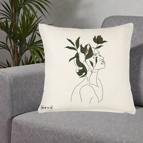 Perna Decorativa Portret Feminin Crin Verde, 40x40 cm, Crem Reliefat, Husa Detasabila, Perna Inclusa, BEKZ®