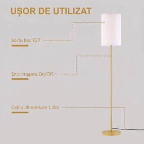HOMCOM Lampadar cu Abajur din In și Dulie E27, In și Oțel, 25,5x25,5x157 cm, Auriu | Aosom Romania