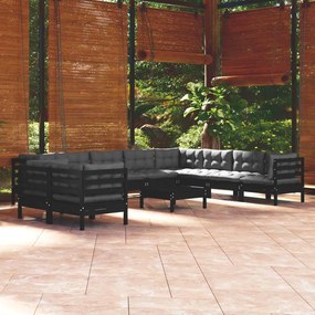 3096921 vidaXL Set mobilier grădină cu perne, 11 piese, negru, lemn masiv pin