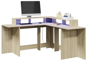 vidaXL Birou cu lumini LED stejar sonoma 152x152x91 cm, lemn prelucrat