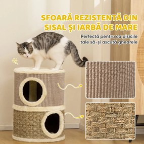 PawHut Căsuță pentru Pisici cu Stâlp de Zgâriat, Tip Turn, 2 Culcușuri, Sisal și Iarbă de Mare, Margini din Pluș, Kaki | Aosom Romania