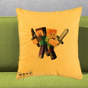 Perna Personalizata Minecraft Steve si Alex, 40x40 cm, Galben, Husa Detasabila, Perna Inclusa, BEKZ®