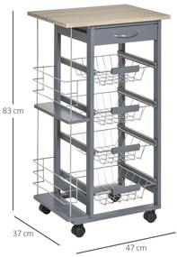 HOMCOM Cărucior de Bucătărie Gri Închis, 1 Sertar, 4 Coșuri Metalice, 2 Etajere, MDF, Lemn de Pin, Metal, 47x37x83cm | Aosom Romania