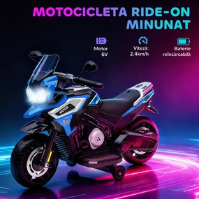 AIYAPLAY Motocicletă Electrică pentru Copii 18-36 Luni, 6V Motocicletă Electrică pentru Copii cu Roți Detașabile, Faruri, Muzică, 2.4 km/h Mini Motocicletă cu Far, Max 30kg, Albastru | Aosom Romania