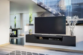 Comoda TV suspendată Loftia 200 cm cu nișă – negru mat