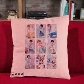 Perna Personalizata K-pop BTS Colaj 9 Fotografii Autografe Individual, 40x40 cm, Roz, Husa Detasabila, Perna Inclusa, BEKZ®