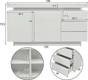 Comodă modernă cu finisaj lucios, fronturi fără mânere, 2 uși și 3 sertare, 140x35x72,5 cm, Alb