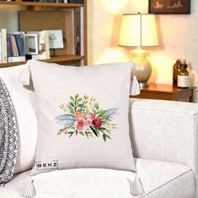 Perna Decorativa Buchet Flori Acuarela Roz-Verde, 40x40 cm, Bej cu Franjuri, Husa Detasabila, Perna Inclusa, BEKZ®