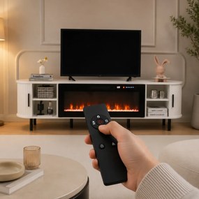 Comodă TV cu șemineu electric cu Încălzire, iluminare LED , 12 culori, Telecomandă, 180 cm, MOB136 Alb