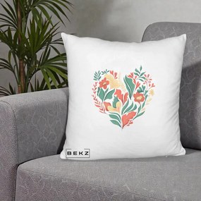 Perna Decorativa Inima Florala Botanica, 40x40 cm, Alb Pufos, Husa Detasabila, Perna Inclusa, BEKZ®