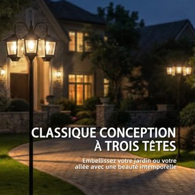 Outsunny Lampadar exterior solar cu 3 capete, lampadar pentru grădină, iluminare LED, senzor automat la apus și la răsărit, negru | Aosom Romania