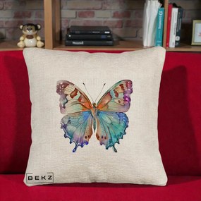 Perna Decorativa Fluture Acuarela Multicolor Portocaliu-Bleu-Mov, 40x40 cm, Bej Canapea, Husa Detasabila, Perna Inclusa, BEKZ®