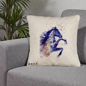 Perna Decorativa Cal Albastru Acuarela, 40x40 cm, Bej Canapea, Husa Detasabila, Perna Inclusa, BEKZ®