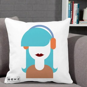 Perna Decorativa Fata cu Casti Muzica Grafic, 40x40 cm, Alba Mata, Husa Detasabila, Perna Inclusa, BEKZ®