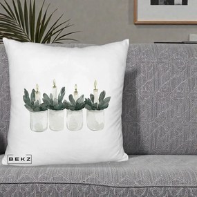 Perna Decorativa Lumanari in Borcane cu Eucalipt, 40x40 cm, Alb Pufos, Husa Detasabila, Perna Inclusa, BEKZ®