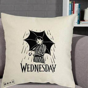 Perna Personalizata Wednesday cu Umbrela Ploaie Lineart, 40x40 cm, Ecru, Husa Detasabila, Perna Inclusa, BEKZ®