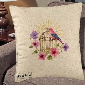 Perna Decorativa Pasare Roz pe Colivie Aurie cu Flori, 40x40 cm, Bej, Husa Detasabila, Perna Inclusa, BEKZ®