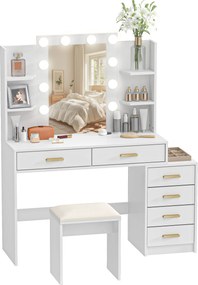 HOMCOM Masă de machiaj cu oglindă iluminată și taburet tapițat, set de machiaj cu 6 sertare și rafturi, Alb | Aosom Romania