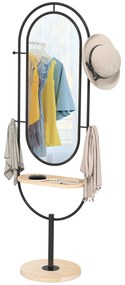 HOMCOM Oglindă de tip stand ovală cu suport de lemn, 4 cârlige și cadru metalic, 50 x 40 x 175,5 cm, negru | Aosom Romania