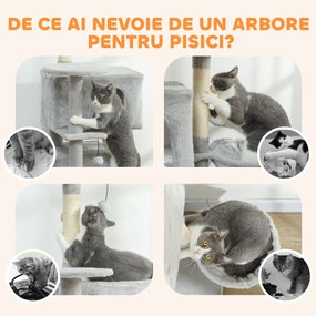 PawHut Arbore Zgâriător pentru Pisici Înalt de 140 cm cu 2 Căsuțe, Hamac, Pat și Stâlpi din Sisal, Gri | Aosom Romania