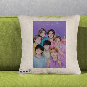 Perna Personalizata K-pop BTS Our Universe Fanart Violet Pastel, 40x40 cm, Bej Canapea, Husa Detasabila, Perna Inclusa, BEKZ®