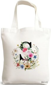 Sacosa de Panza pentru Cumparaturi, Geanta Tote, Cu litera S in Coronita Florala, 38x34.5 cm, Alba, BEKZ®