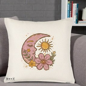 Perna Personalizata Luna si Soare Floral Boho, 40x40 cm, Crem Reliefat, Husa Detasabila, Perna Inclusa, BEKZ®