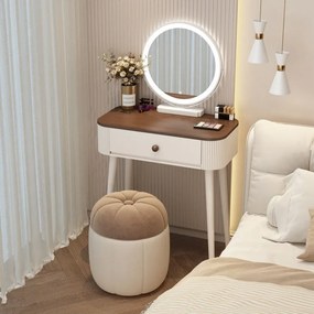 Set LUMIÈRE – Masă de Machiaj cu Oglindă iluminată LED, Control Touch, Taburet, Alb, 60x40x77 cm