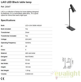 Veioza LED design modern minimalist LAO 29047 negru