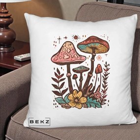 Perna Decorativa Ciuperci Boho Multicolore, 40x40 cm, Alb Pufos, Husa Detasabila, Perna Inclusa, BEKZ®