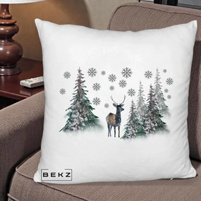 Perna Decorativa Ren in Padure Inzapezita, 40x40 cm, Alb Pufos, Husa Detasabila, Perna Inclusa, BEKZ®