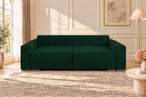 Canapea extensibilă Livia din catifea reiată, verde, cu ladă de depozitare