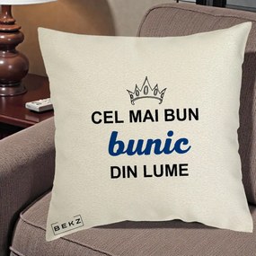 Cadou pentru Bunic - Perna Personalizata Cel Mai Bun Bunic Din Lume Coroana Albastra, 40x40 cm, Ecru, Husa Detasabila, Perna Inclusa, BEKZ®