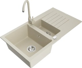 Mexen Matias chiuvetă de granit cu 1,5 cuve cu uscător și baterie de bucătărie Telma, bej - 6502-69-670200-69
