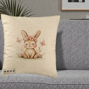 Perna Decorativa Iepuras cu Coronita Florala Roz, 40x40 cm, Bej, Husa Detasabila, Perna Inclusa, BEKZ®